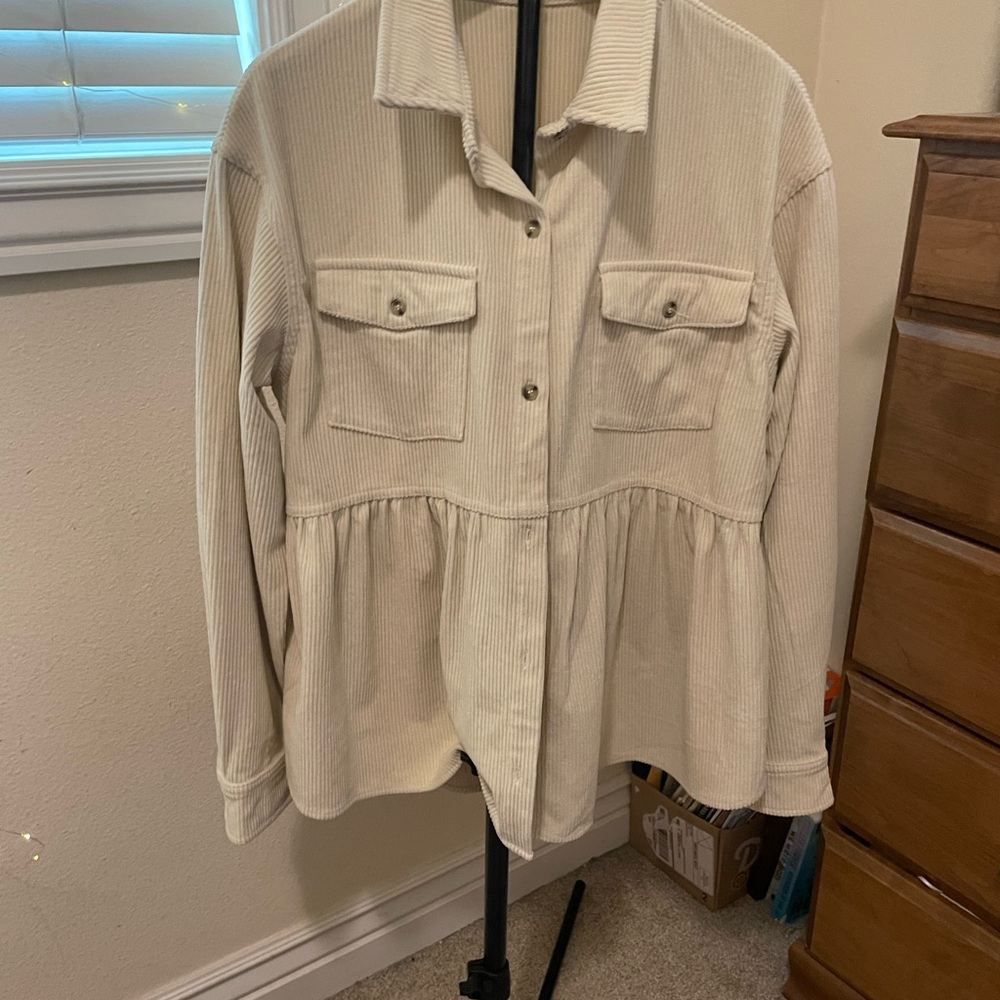 Womens Cream Corduroy Button-Front Shacket
